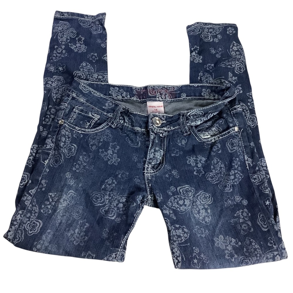 Crystal Vogue Jeans Girls 14 Blue Floral Butterfly Denim Y2K Aesthetic